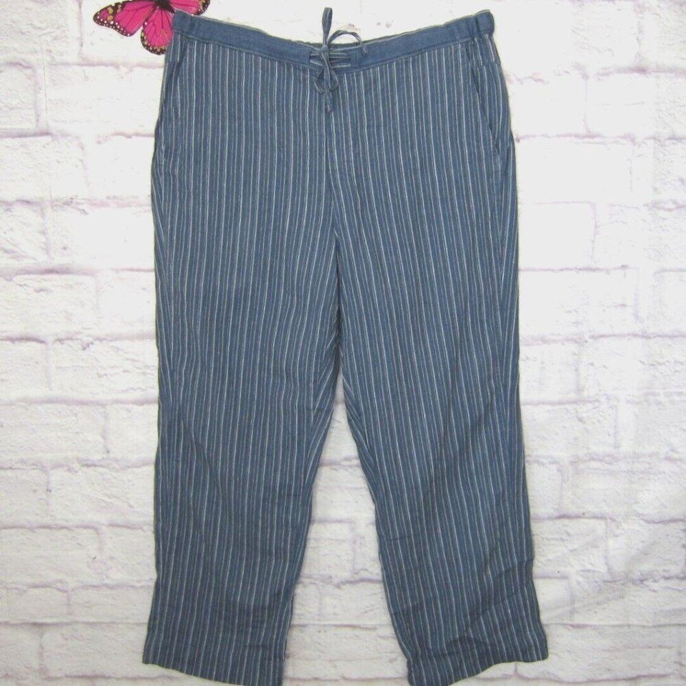 Orvis Women's size XL Blue Striped Linen Pull On Pants Elastic Waist Striped